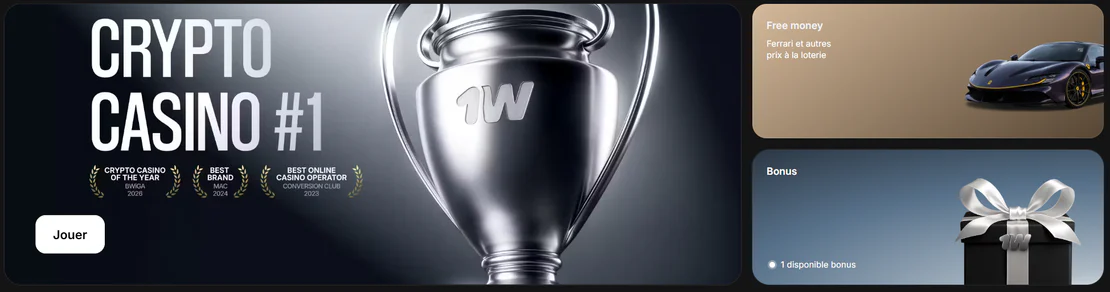 1win Casino bannière Crypto Casino #1 avec trophée, bonus, free money et Ferrari