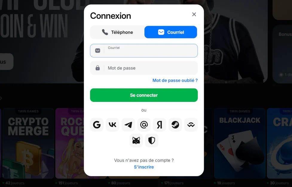 1win Casino fenêtre de connexion avec e-mail, mot de passe et options de connexion via réseaux et services externes